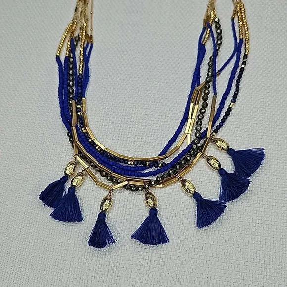 Retired Vintage Stella & Dot Tulum Tassel Necklace Gold Blue Beaded Versatile - Picture 16 of 16